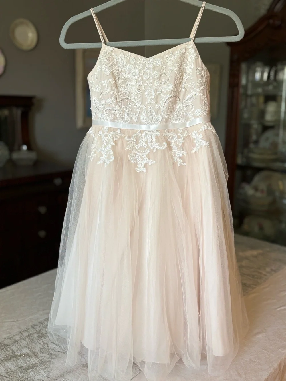 👑Princess Dress by David's Bridal Blush Lace & Tulle with Rhinestone Accents NWT - Picture 2 of 16